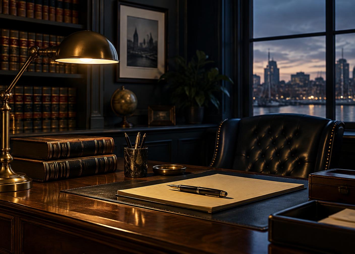 Attorney's desk with law books inside a Baltimore law office